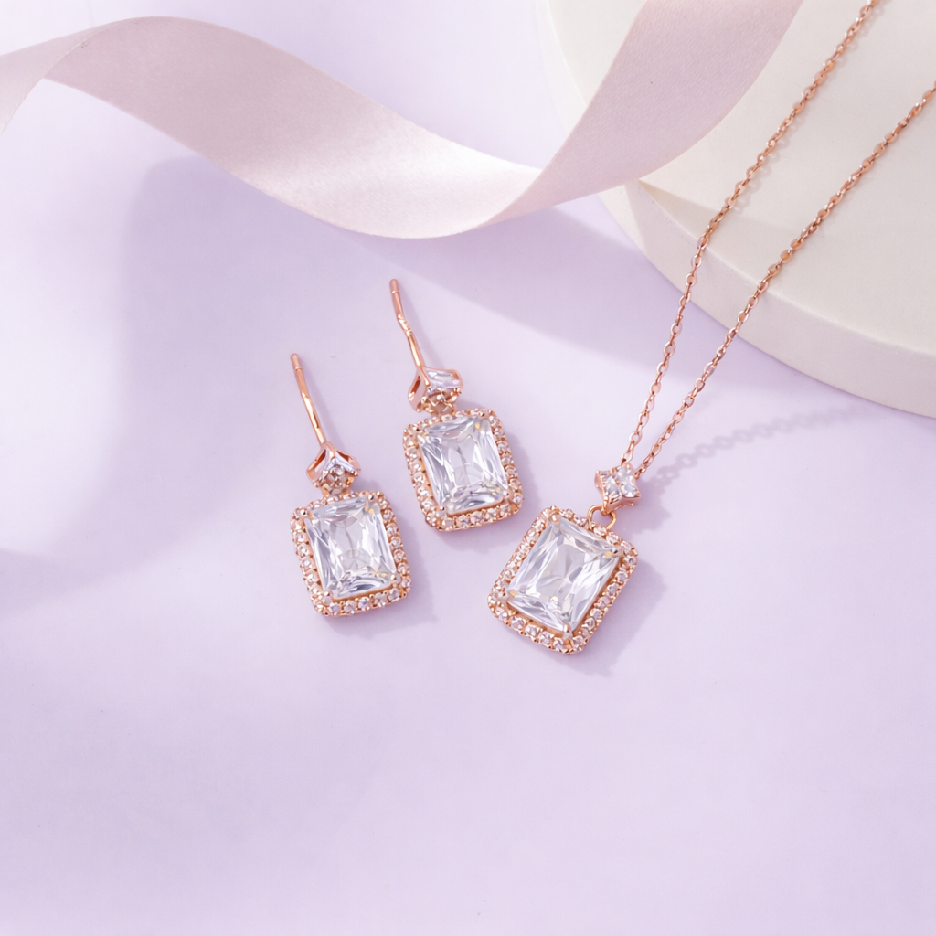 Cubic Zirconia Diamond CZ 925 Sterling Silver Rose Gold Pendant Set for Women