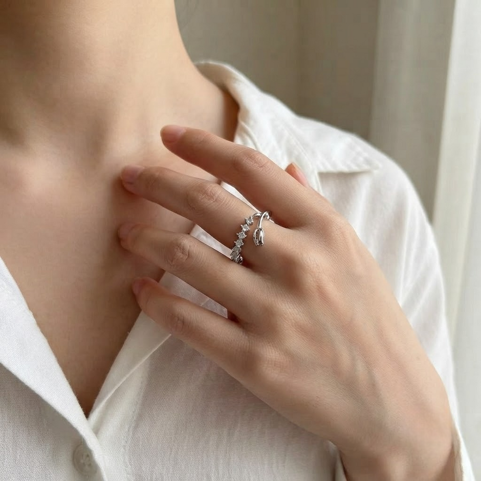 Tulip Floral CZ 925 Sterling Silver Open Ring for Women