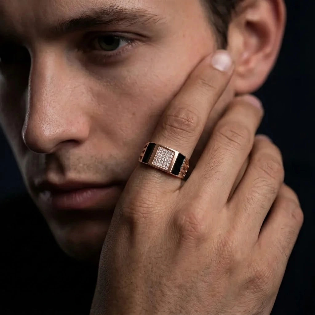 Bold Luxe Black Diamond CZ Rose Gold Plated 925 Sterling Silver Ring for Men