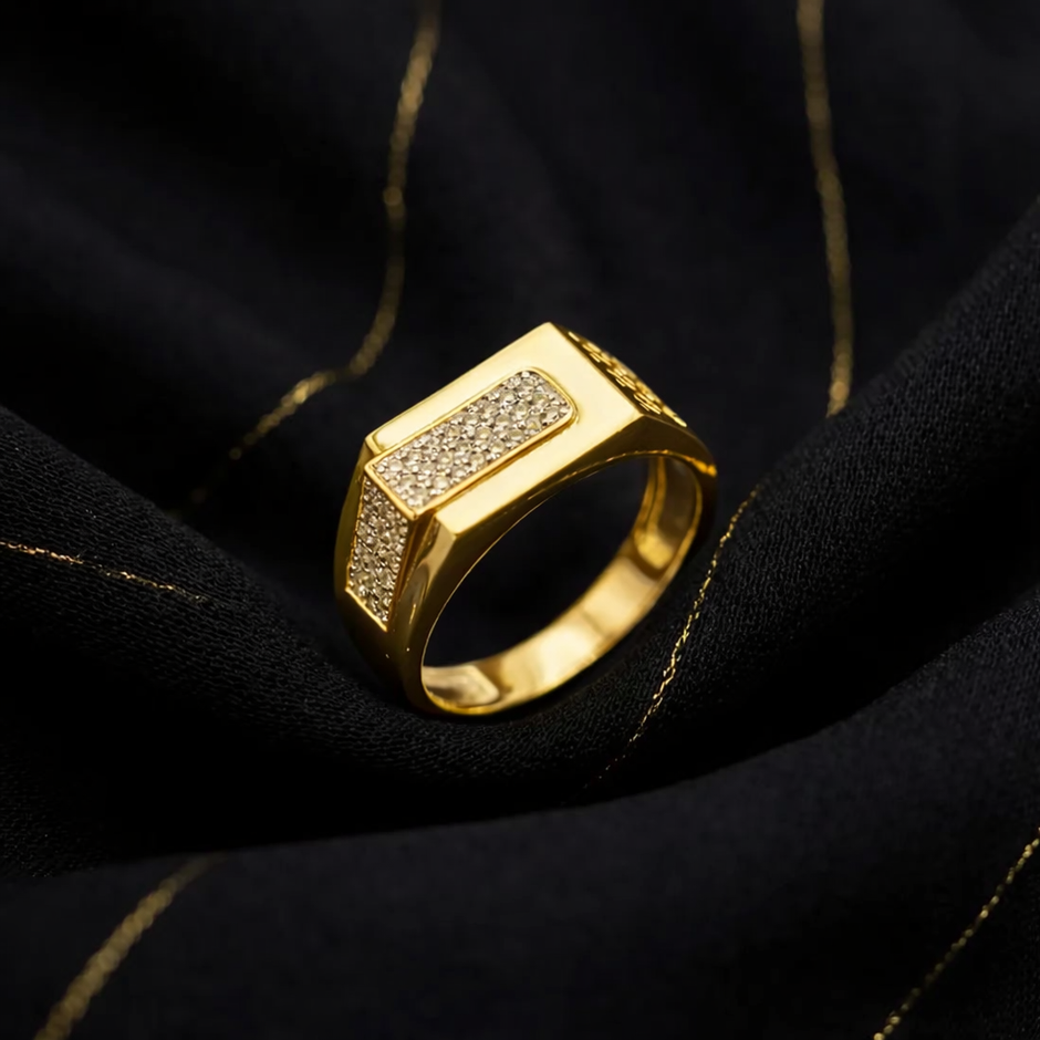 Elegant Rectangular Diamond 925 Sterling Silver Yellow Gold Ring for Men