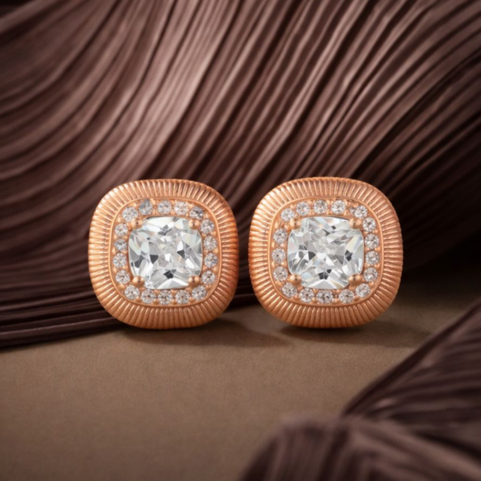 Square Diamond Rose Gold Stud Earrings