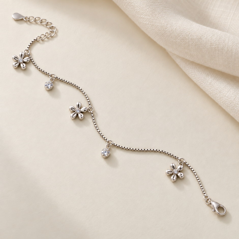 925 Silver Daisy flower Sparkle charms Anklet