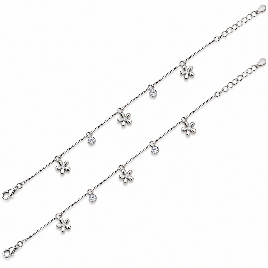 925 Silver Daisy flower Sparkle charms Anklet
