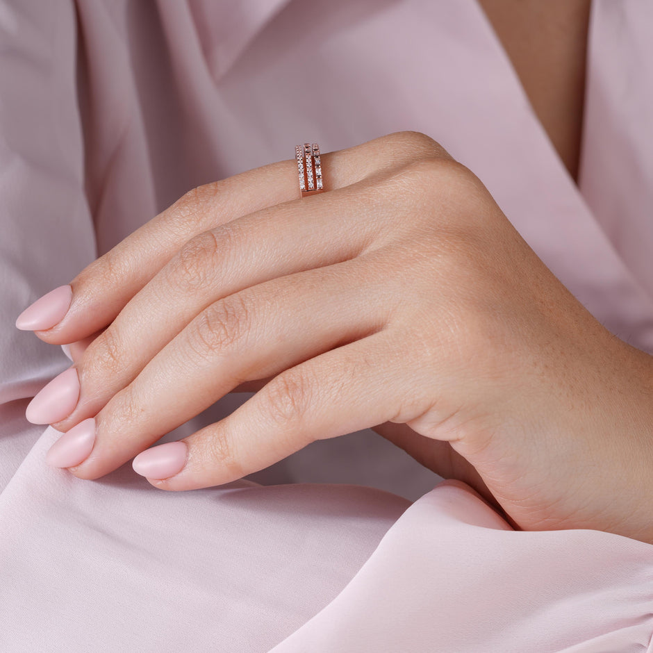 Triple Row Diamond Rose Gold Ring