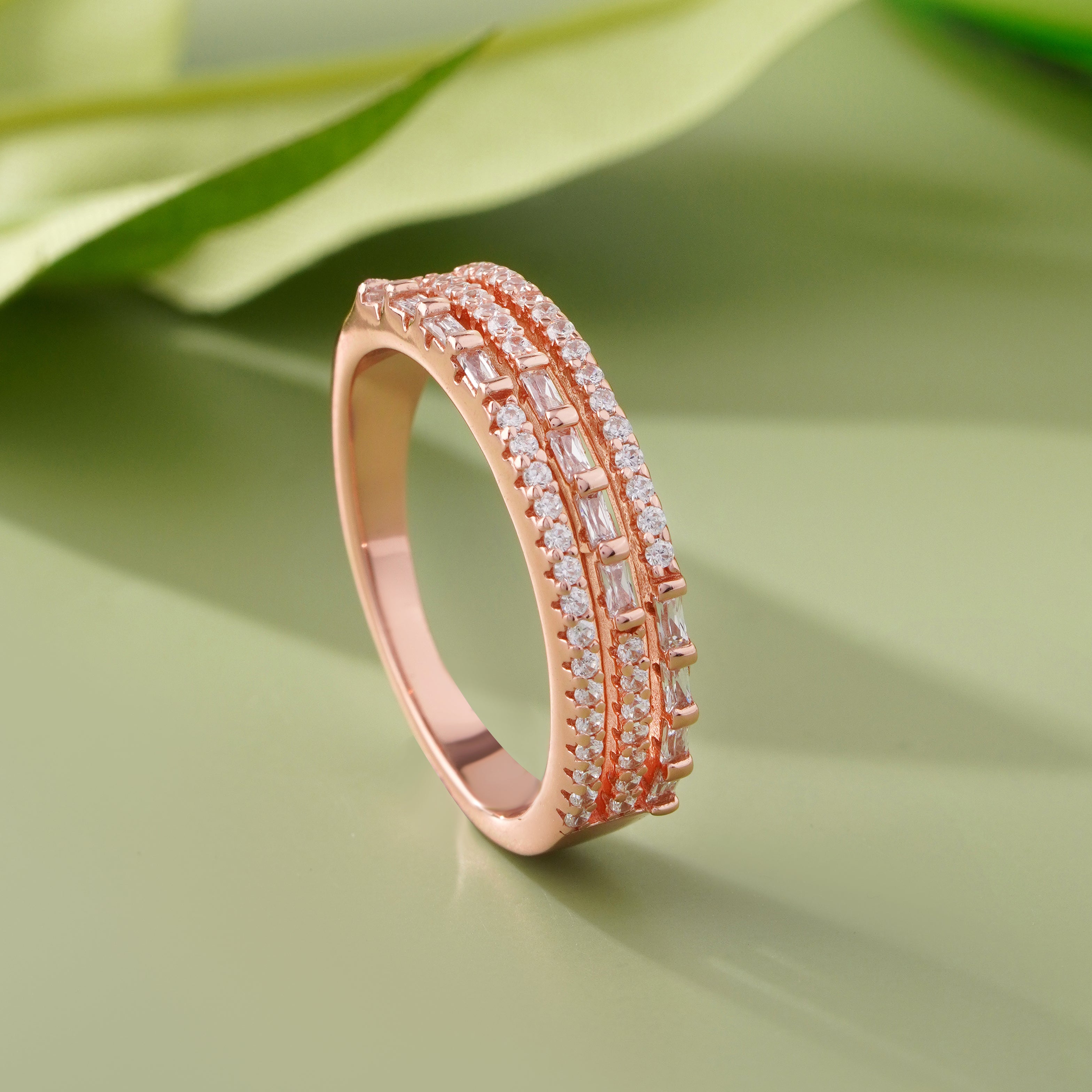Triple Row Diamond Rose Gold Ring