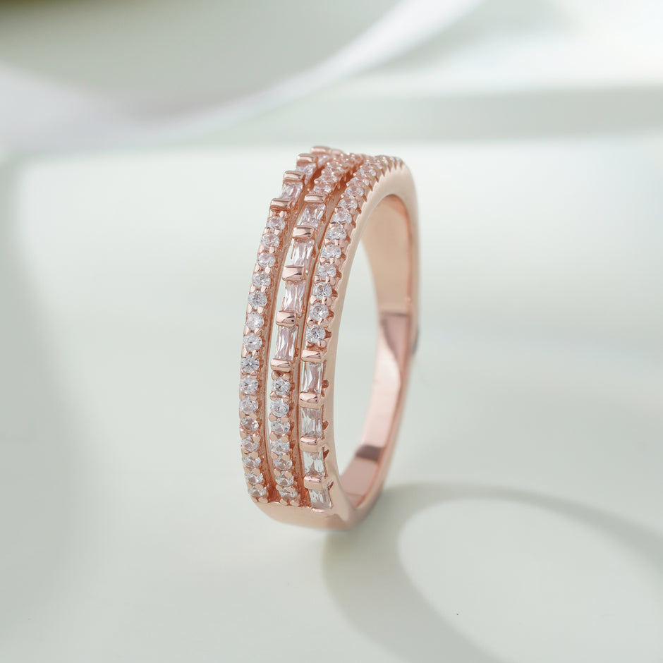 Triple Row Diamond Rose Gold Ring