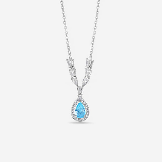 Sky Blue Stone Teardrop Diamond 925 Sterling Silver Pendant Chain for Women