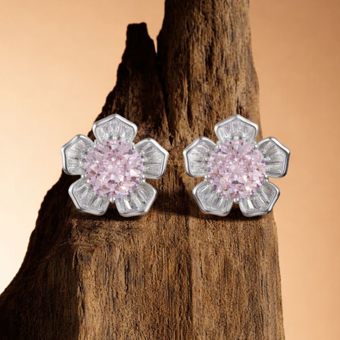 Pink Stone Flower Shape Stud Earrings