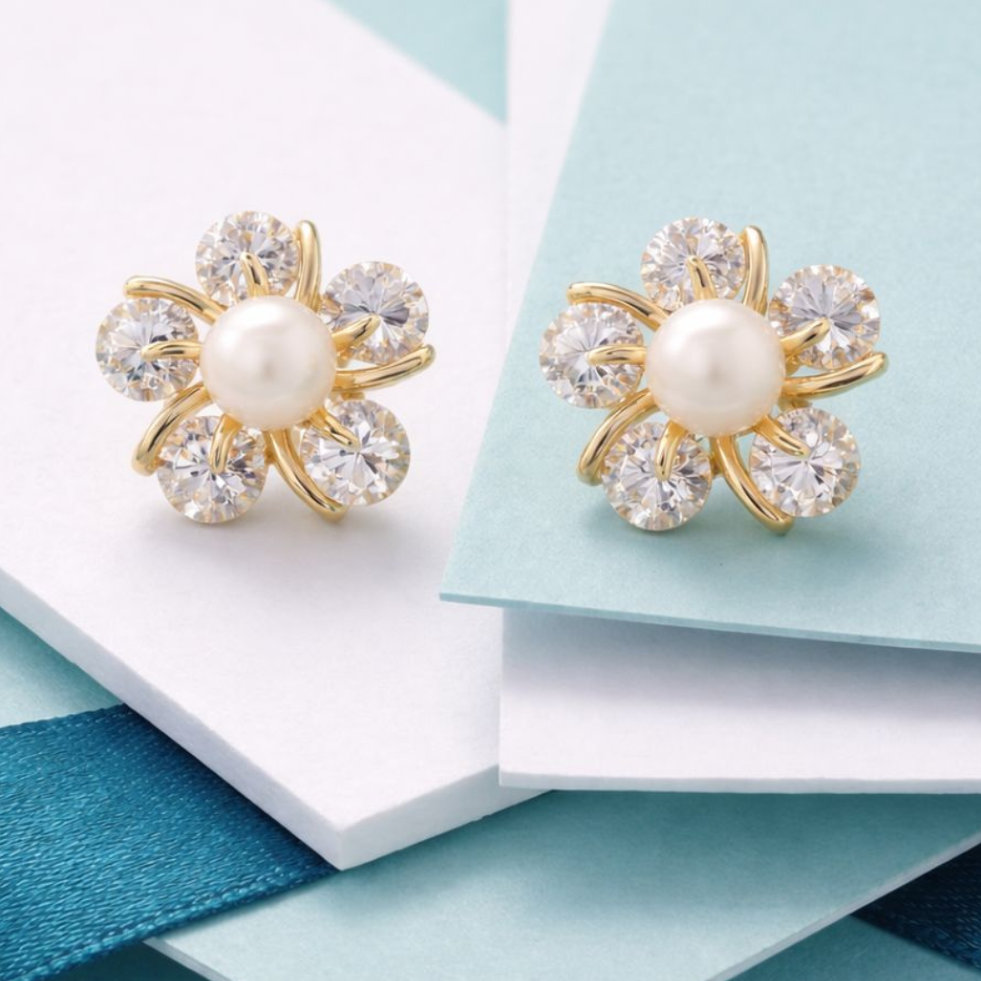Pearl Bloom Diamond Flower Gold Stud Earrings