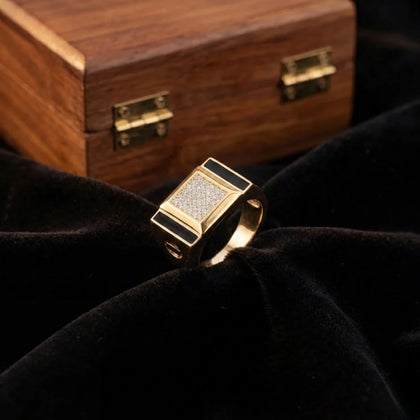 Gold-Plated Rectangle Black CZ 925 Sterling Silver Ring for Men
