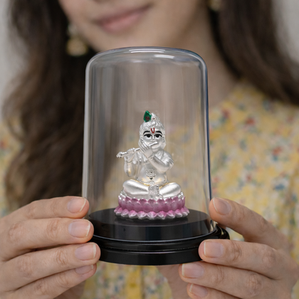 Peaceful Bal Krishna Pure Silver Murti with Glass Dome