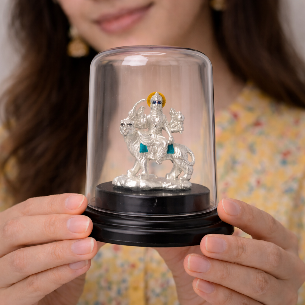 Ambe Mata Silver Murti with Glass Dome