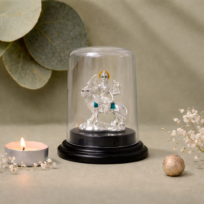 Ambe Mata Silver Murti with Glass Dome