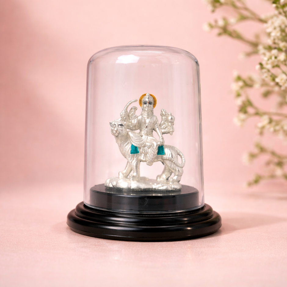 Ambe Mata Silver Murti with Glass Dome