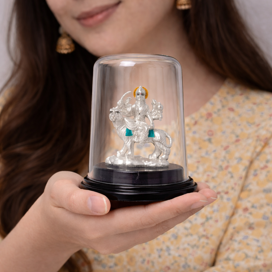 Ambe Mata Silver Murti with Glass Dome