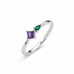 925 Sterling Silver Ring with Purple Princess-Cut CZ and Green Pear-Cut CZ Stones.