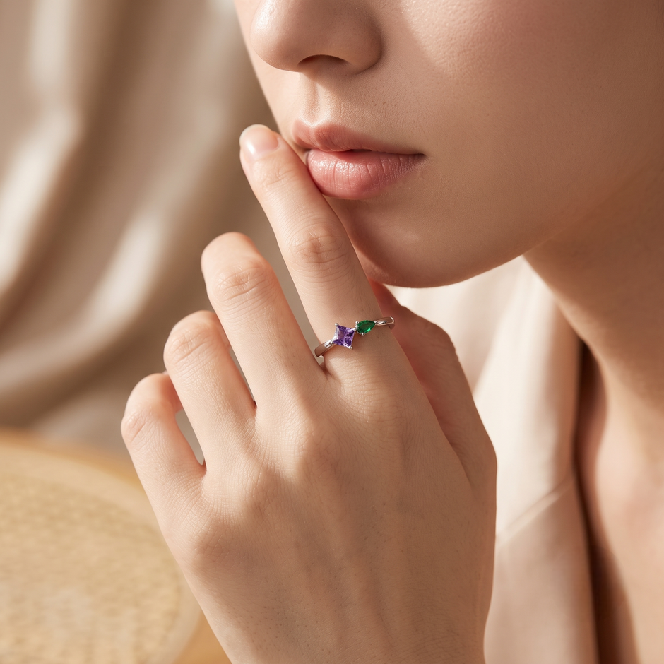 925 Sterling Silver Ring with Purple Princess-Cut CZ and Green Pear-Cut CZ Stones.