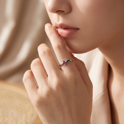 925 Sterling Silver Ring with Purple Princess-Cut CZ and Green Pear-Cut CZ Stones.
