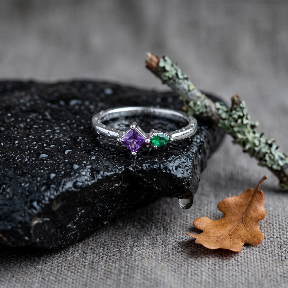 925 Sterling Silver Ring with Purple Princess-Cut CZ and Green Pear-Cut CZ Stones.