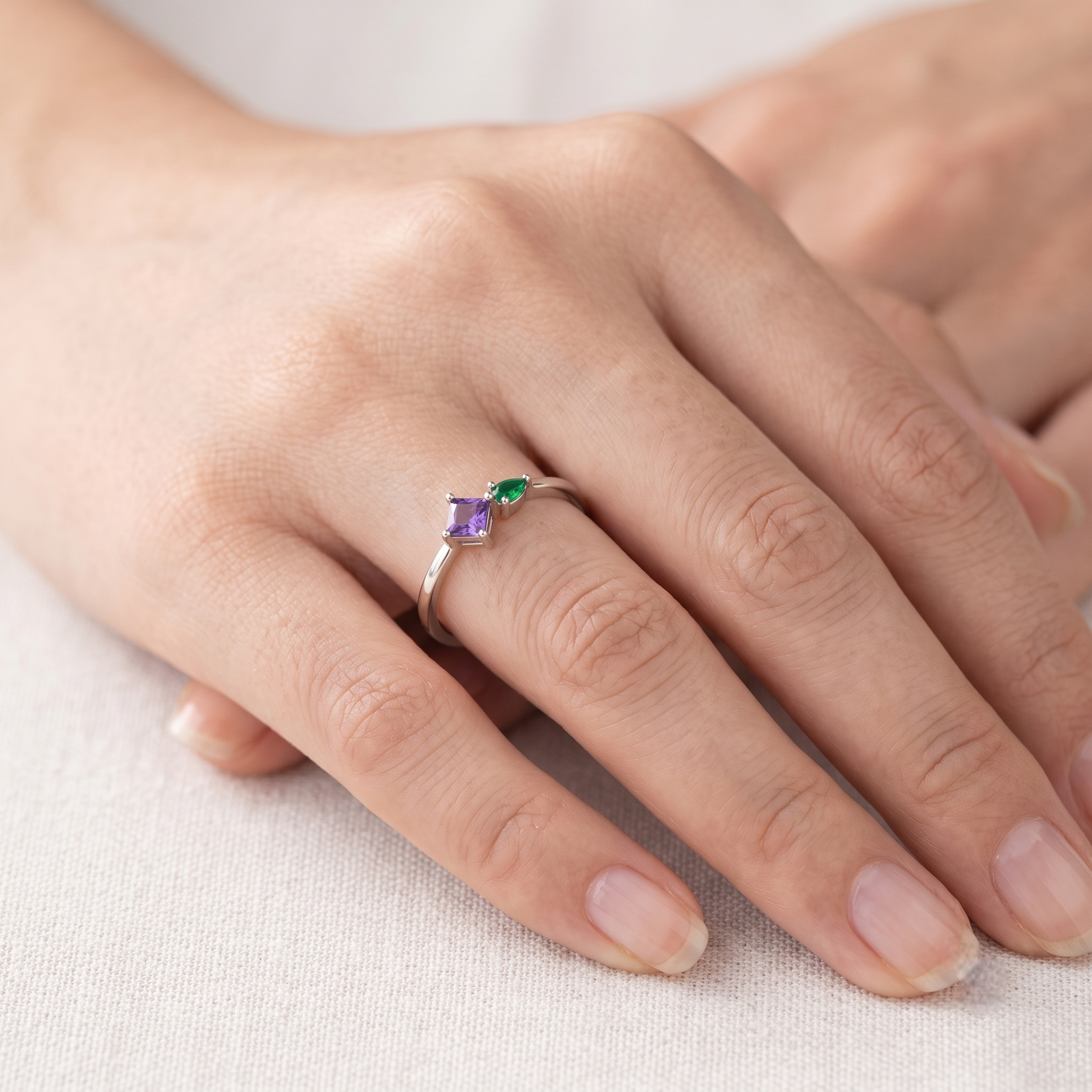 925 Sterling Silver Ring with Purple Princess-Cut CZ and Green Pear-Cut CZ Stones.