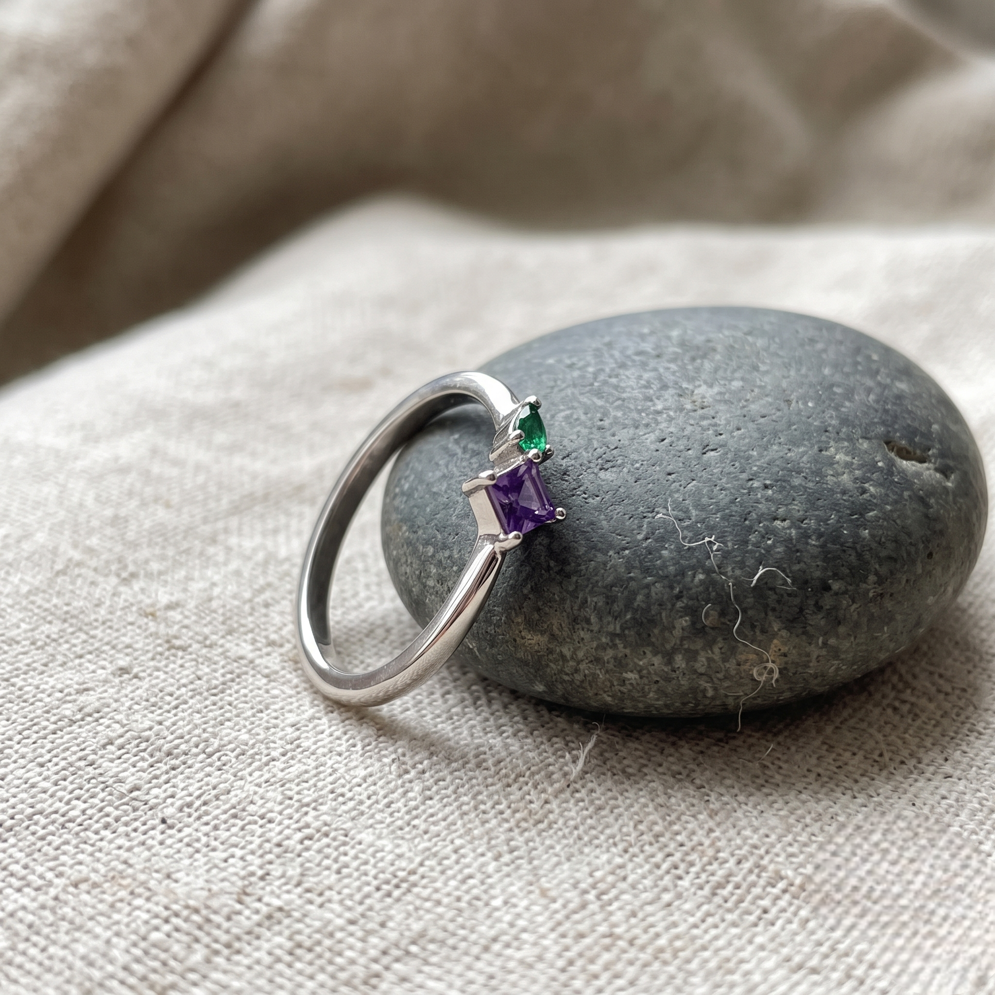 925 Sterling Silver Ring with Purple Princess-Cut CZ and Green Pear-Cut CZ Stones.
