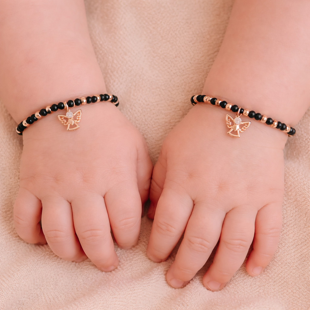 Angel Charm Black Bead 925 Sterling Silver Rose Gold Kid's Bracelet