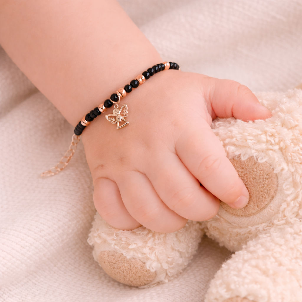 Angel Charm Black Bead 925 Sterling Silver Rose Gold Kid's Bracelet