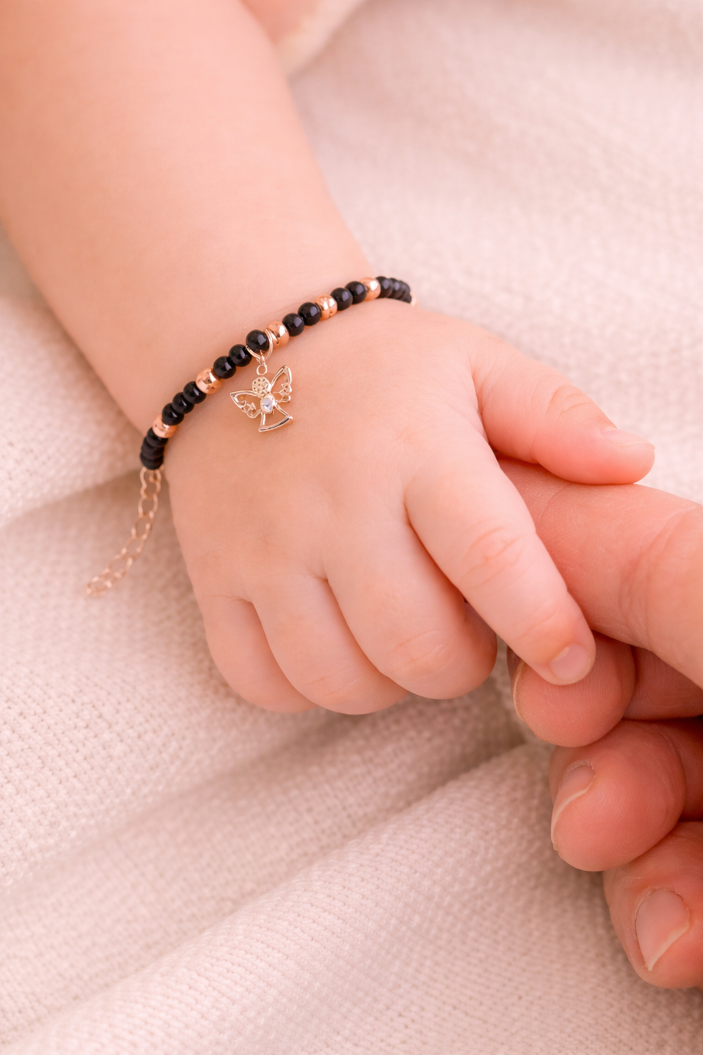 Angel Charm Black Bead 925 Sterling Silver Rose Gold Kid's Bracelet
