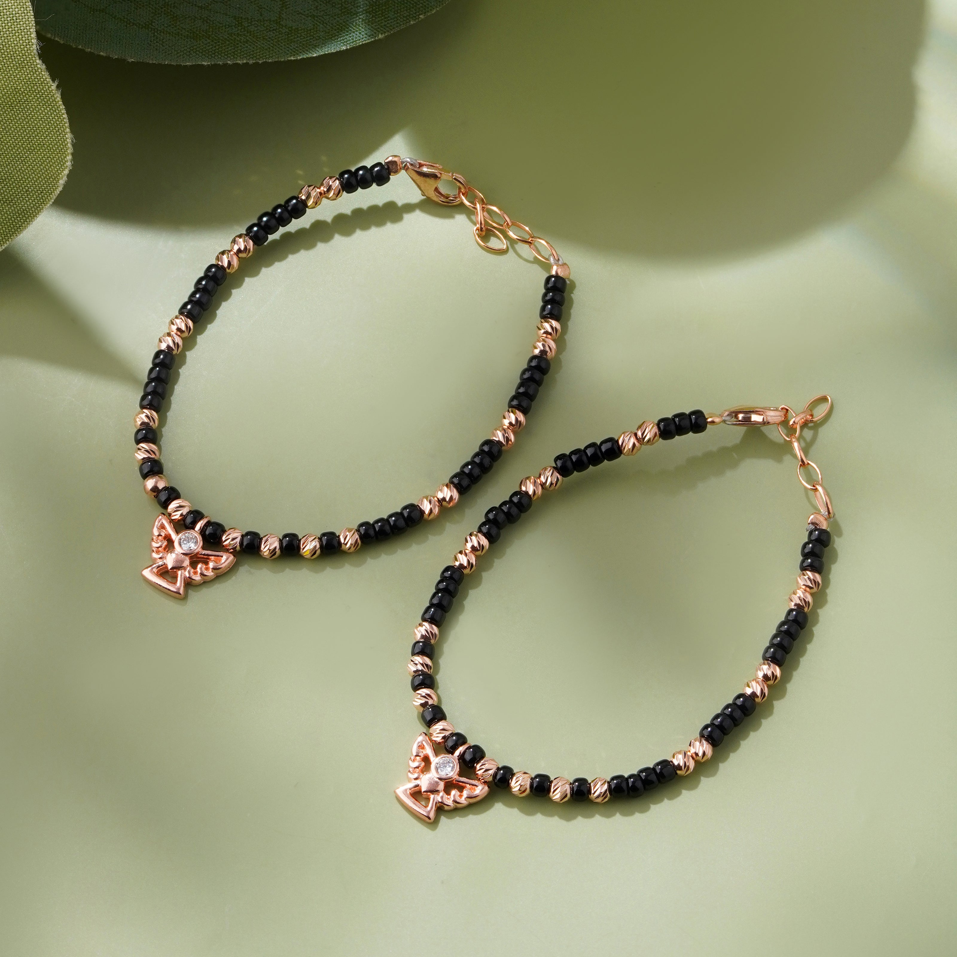 Angel Charm Black Bead 925 Sterling Silver Rose Gold Kid's Bracelet