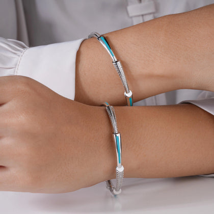 Aqua Radiance Diamond-Infused 925 Sterling Silver Bangle for Women