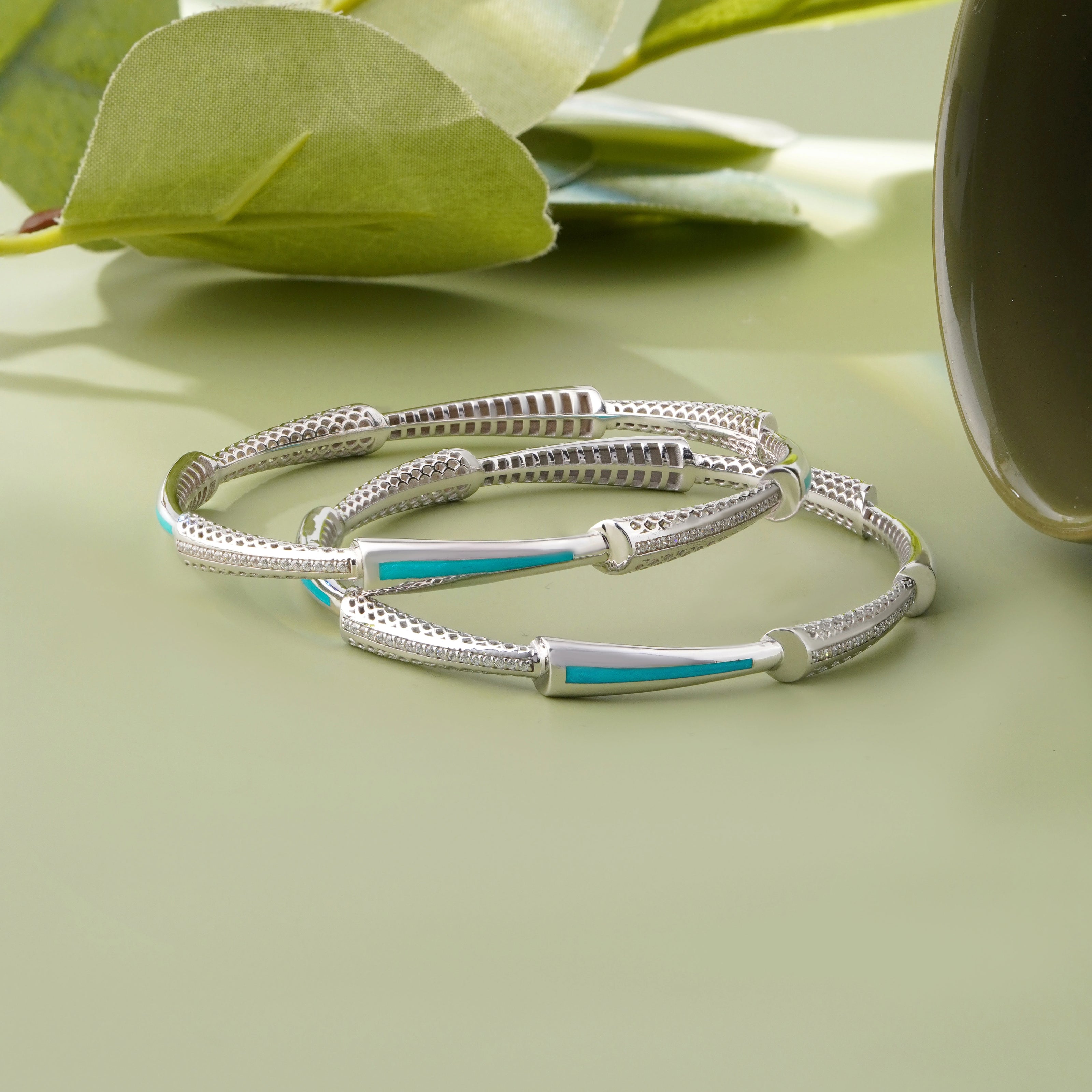 Aqua Radiance Diamond-Infused 925 Sterling Silver Bangle for Women