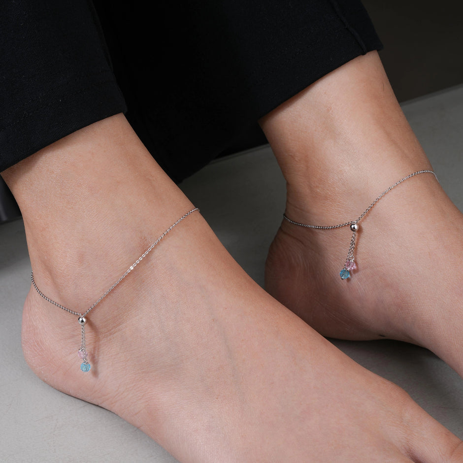 Aurora Twin Diamond Drop 925 Sterling Silver Anklet for Women