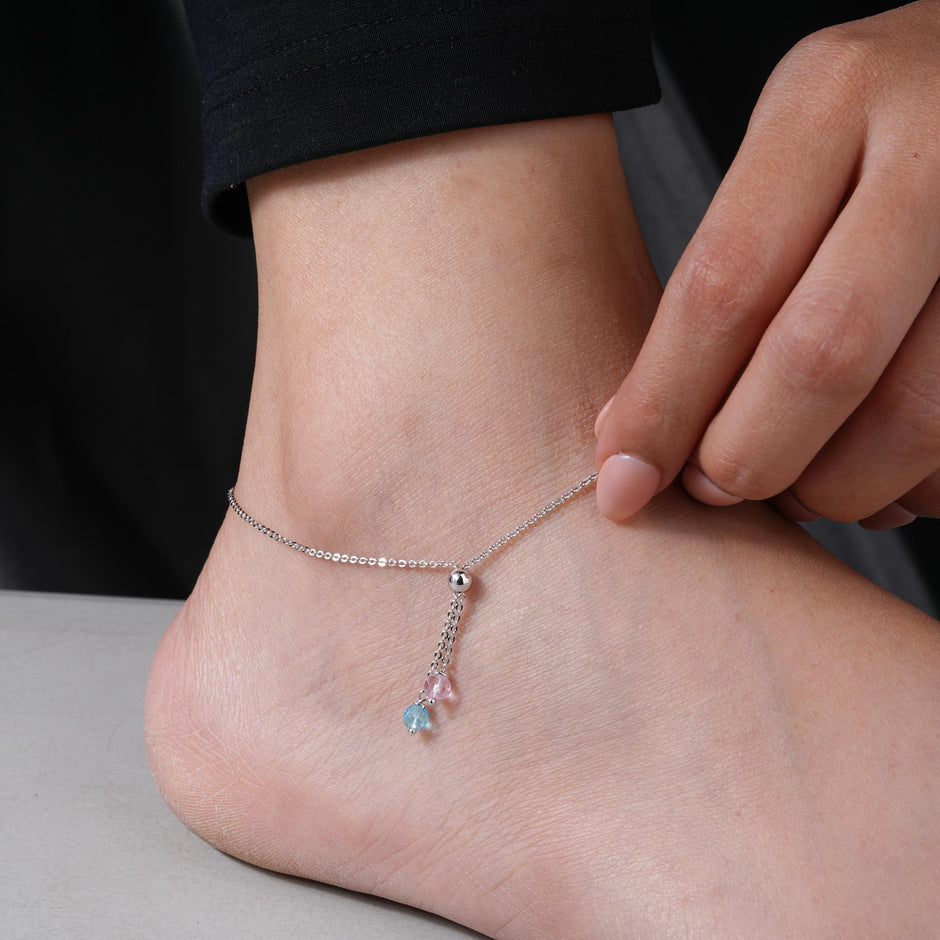 Crystal Drop Charm Silver Anklets for Women