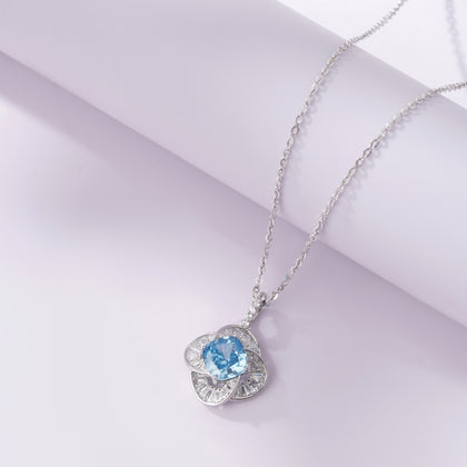 Azure Bloom Blue Diamond Floral Silver Pendant Necklace