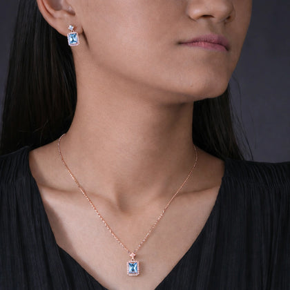 Azure Blue Stone Square-cut CZ 925 Sterling Silver Rose Gold Pendant Set for Women