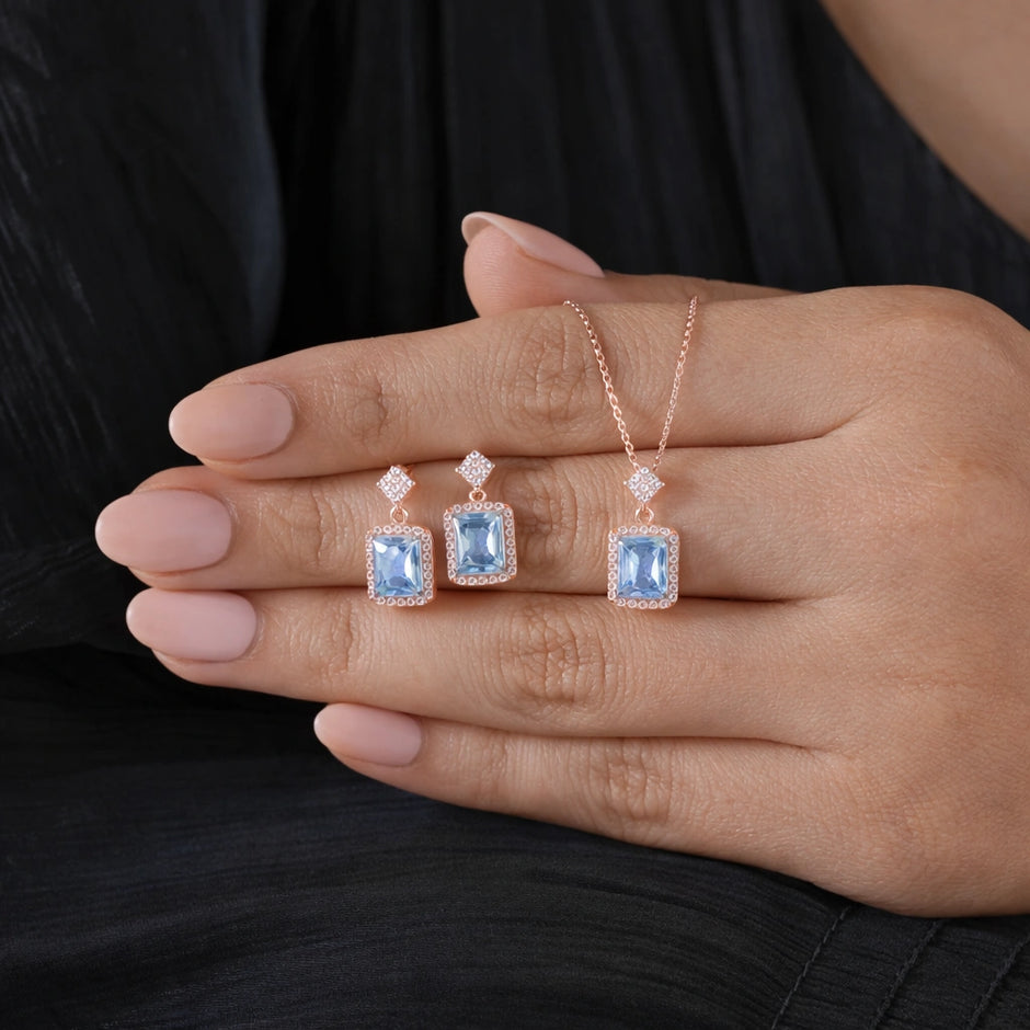 Azure Blue Stone Square-cut CZ 925 Sterling Silver Rose Gold Pendant Set for Women