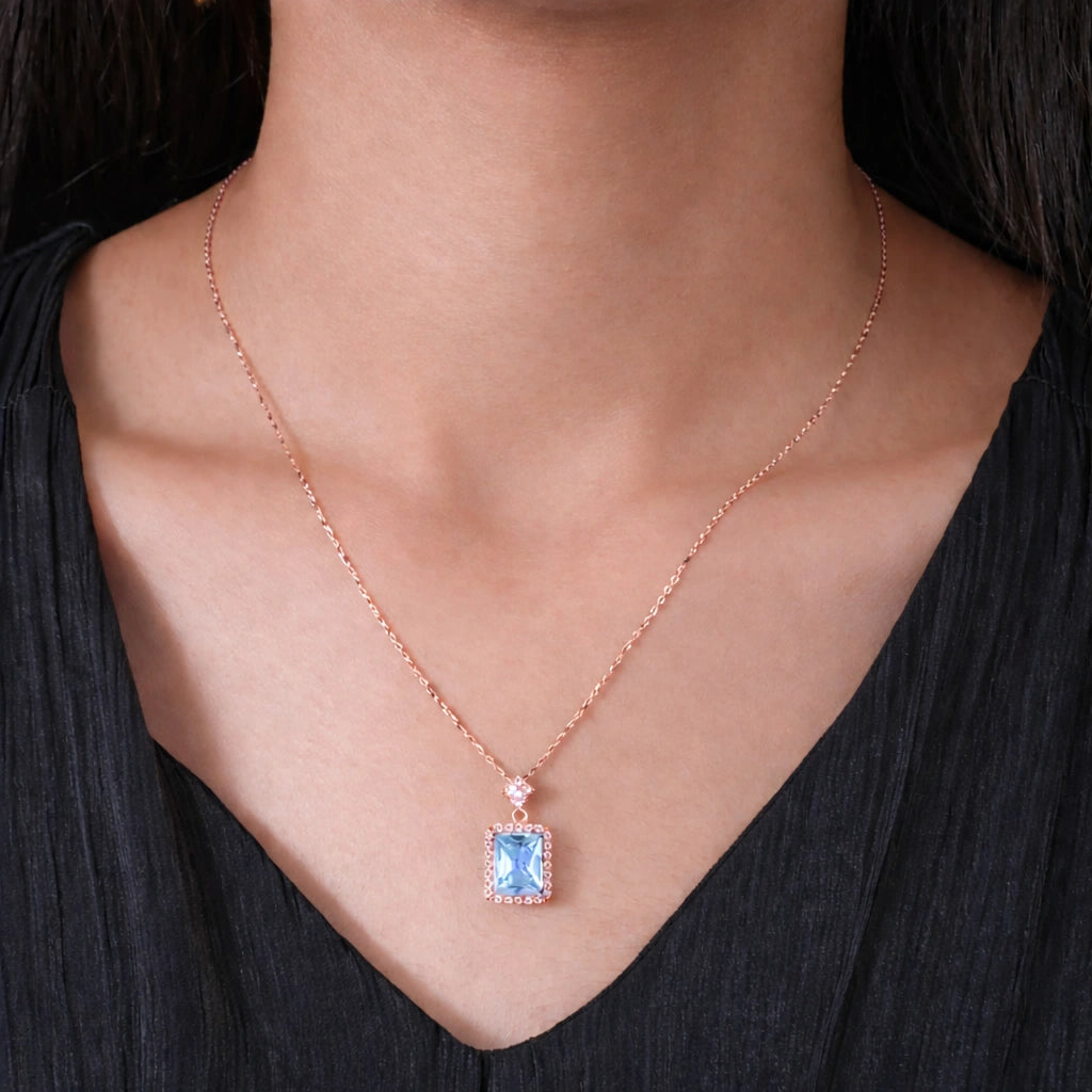 Azure Blue Stone Square-cut CZ 925 Sterling Silver Rose Gold Pendant Set for Women