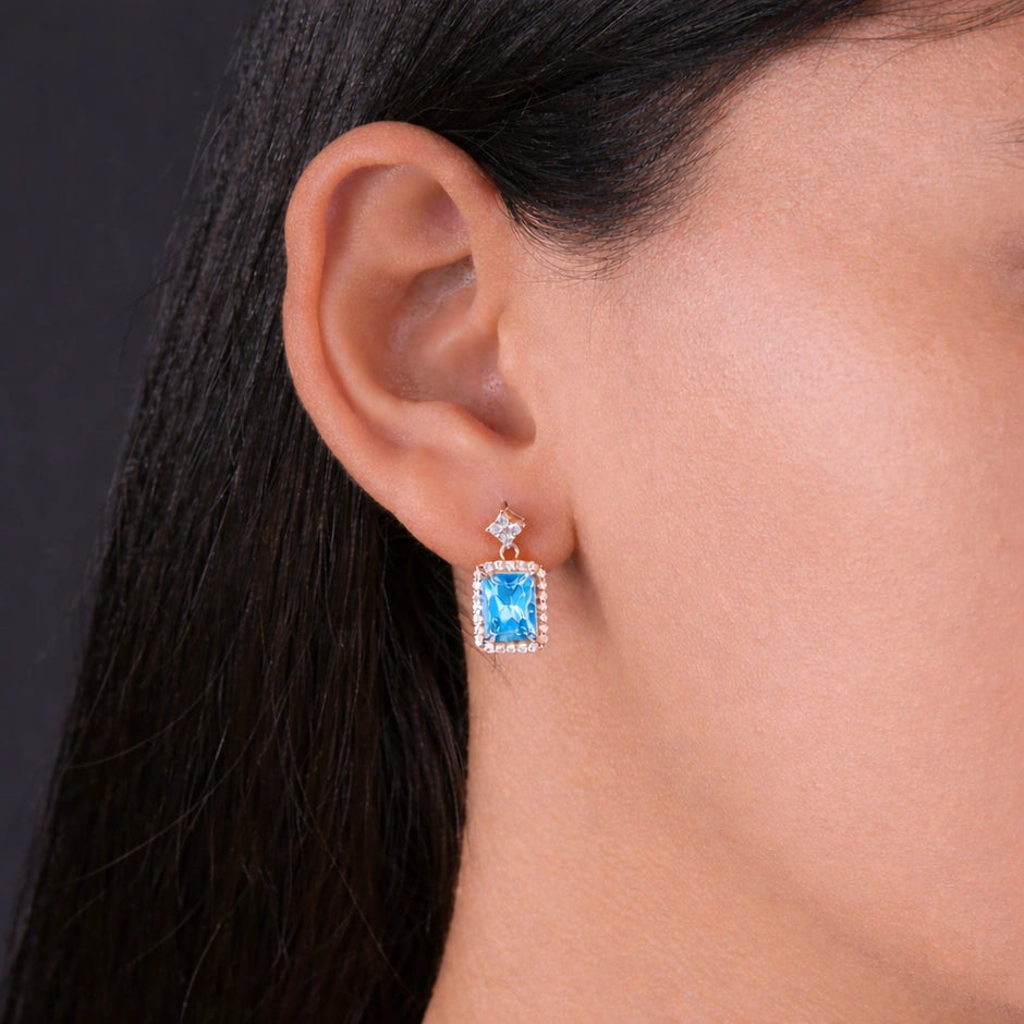 Azure Blue Stone Square-cut CZ 925 Sterling Silver Rose Gold Pendant Set for Women
