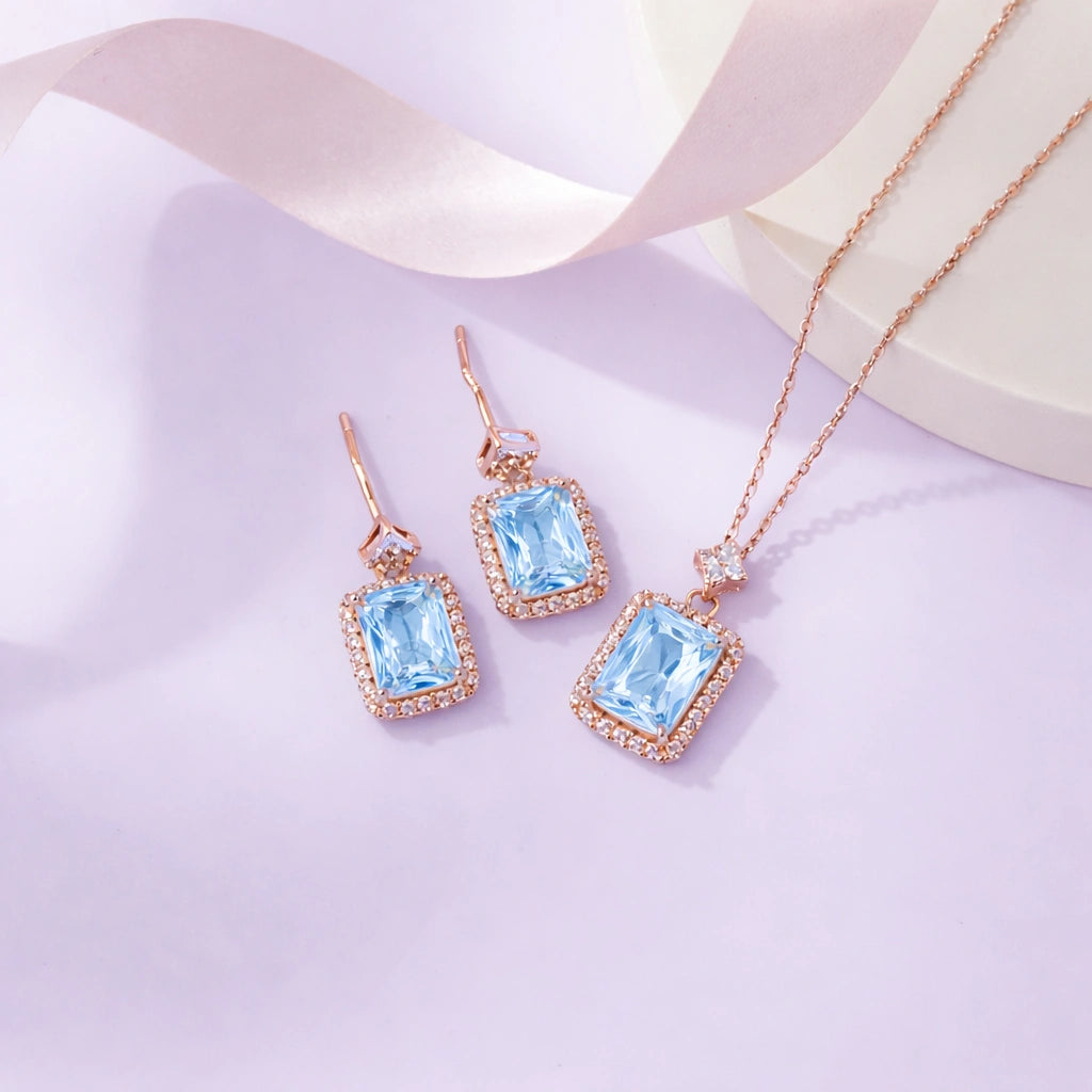 Azure Blue Stone Square-cut CZ 925 Sterling Silver Rose Gold Pendant Set for Women