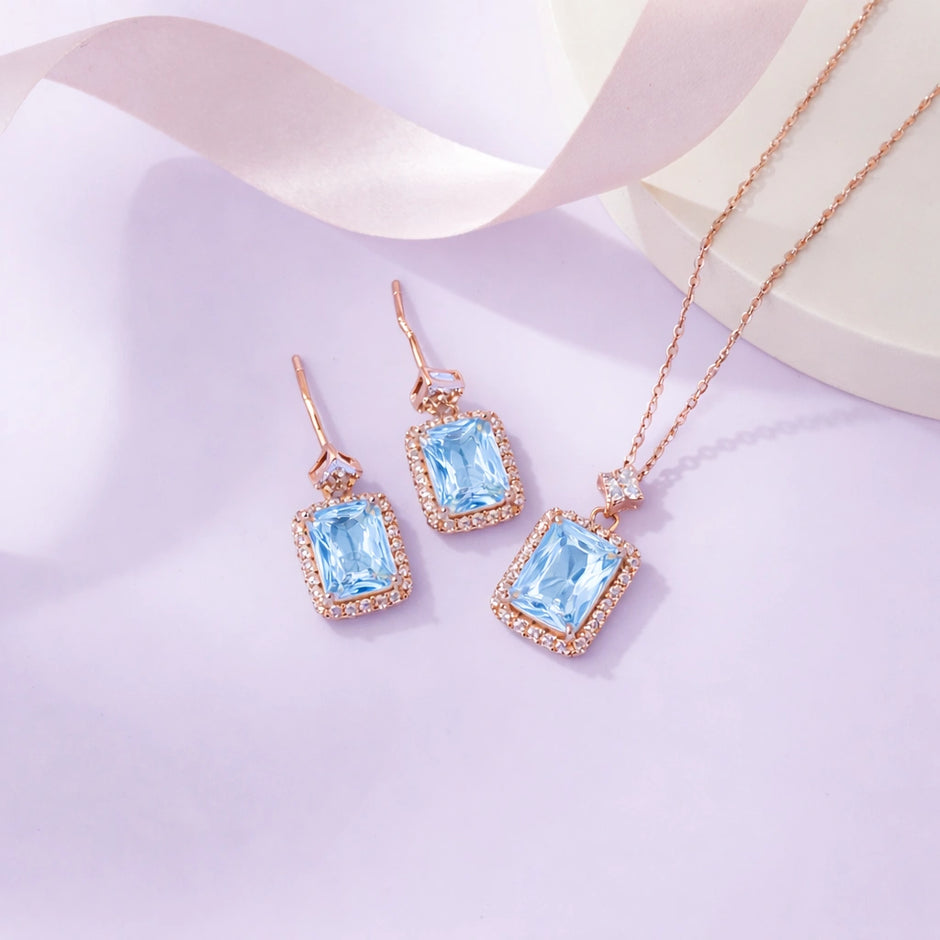 Azure Blue Stone Square-cut CZ 925 Sterling Silver Rose Gold Pendant Set for Women