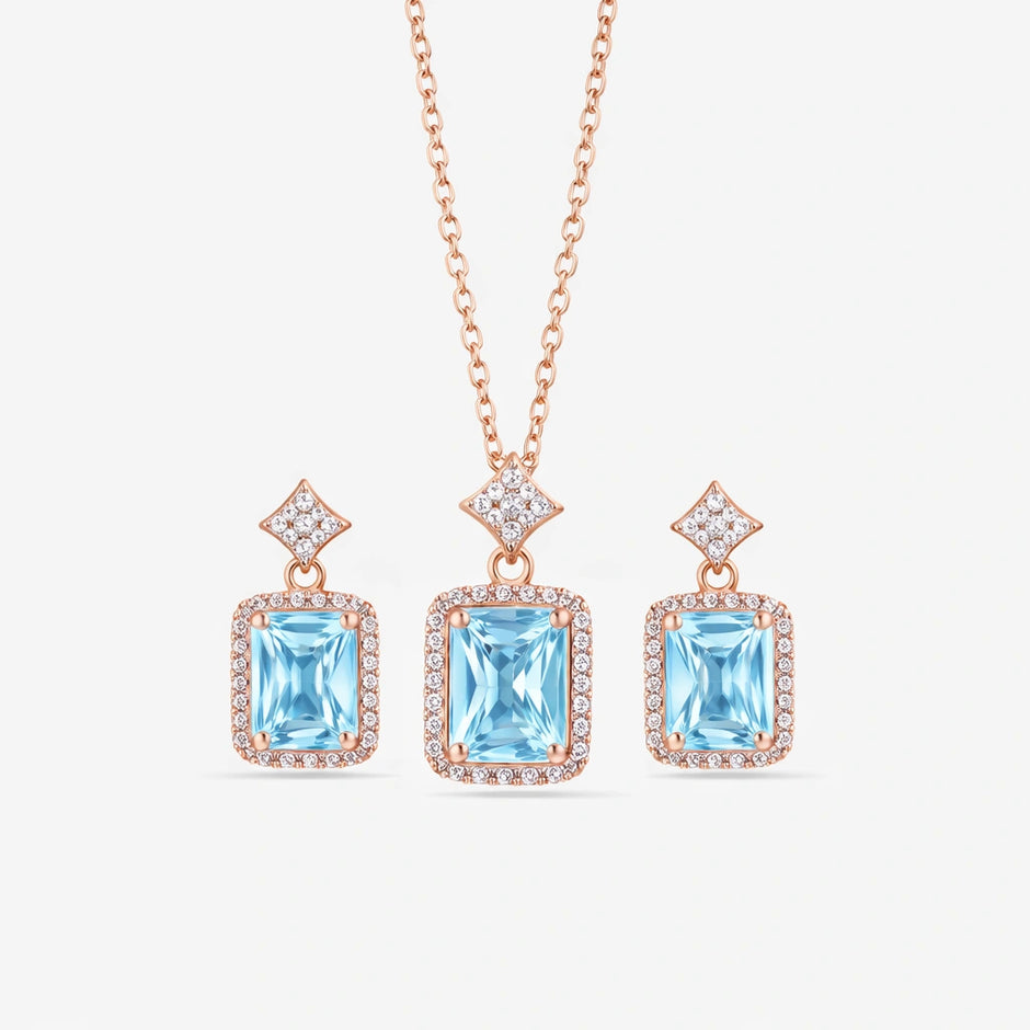 Azure Blue Stone Square-cut CZ 925 Sterling Silver Rose Gold Pendant Set for Women