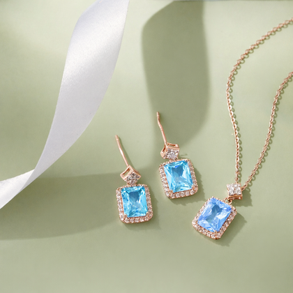 Azure Blue Stone Square-cut CZ 925 Sterling Silver Rose Gold Pendant Set for Women