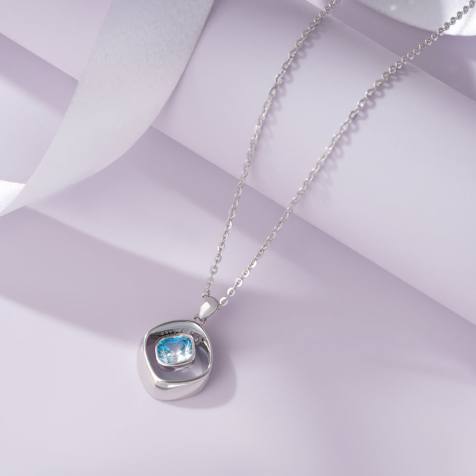 Azure Spark Diamond Square Design 925 Sterling Silver Pendant Chain for Women