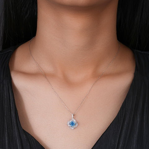 Azure Bloom Blue Diamond Floral Design 925 Sterling Silver Pendant Chain for Women