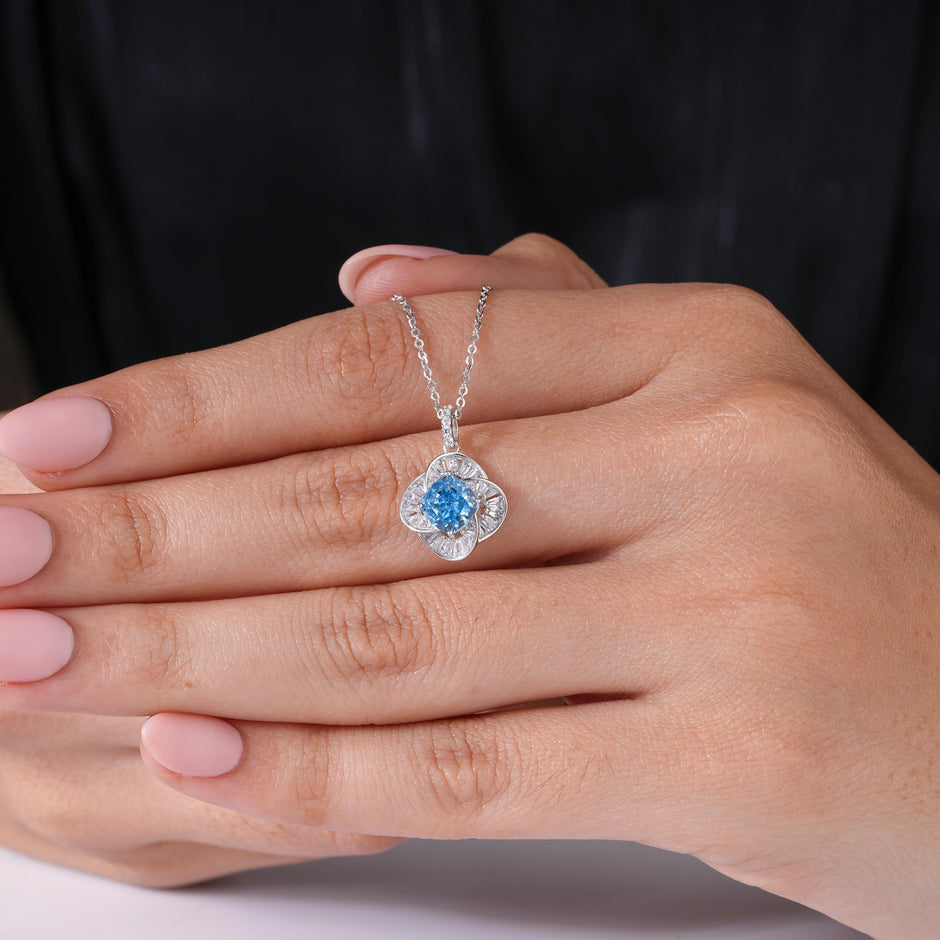 Azure Bloom Blue Diamond Floral Silver Pendant Necklace