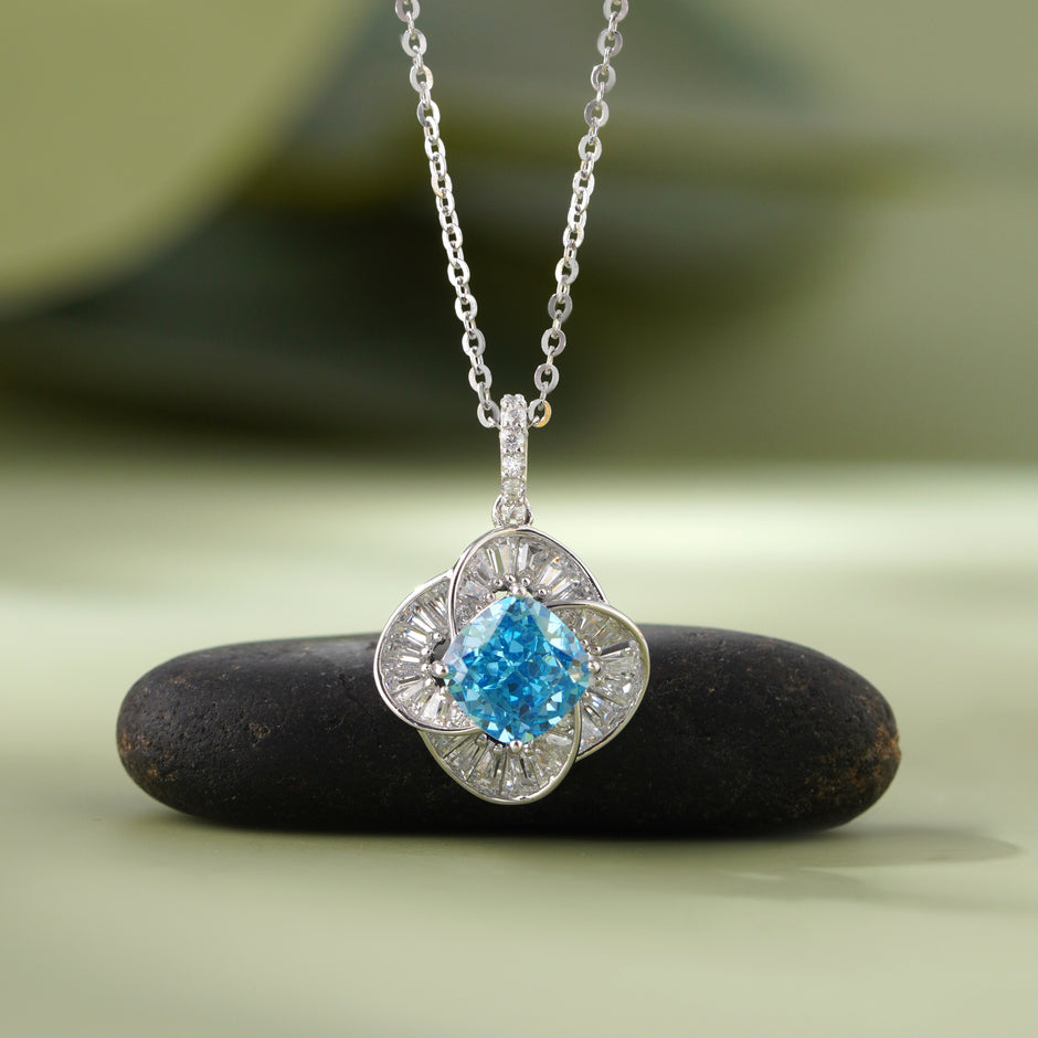 Azure Bloom Blue Diamond Floral Silver Pendant Necklace