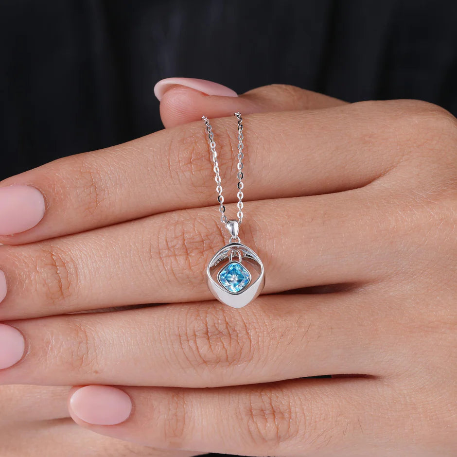 Azure Spark Diamond Square Design 925 Sterling Silver Pendant Chain for Women