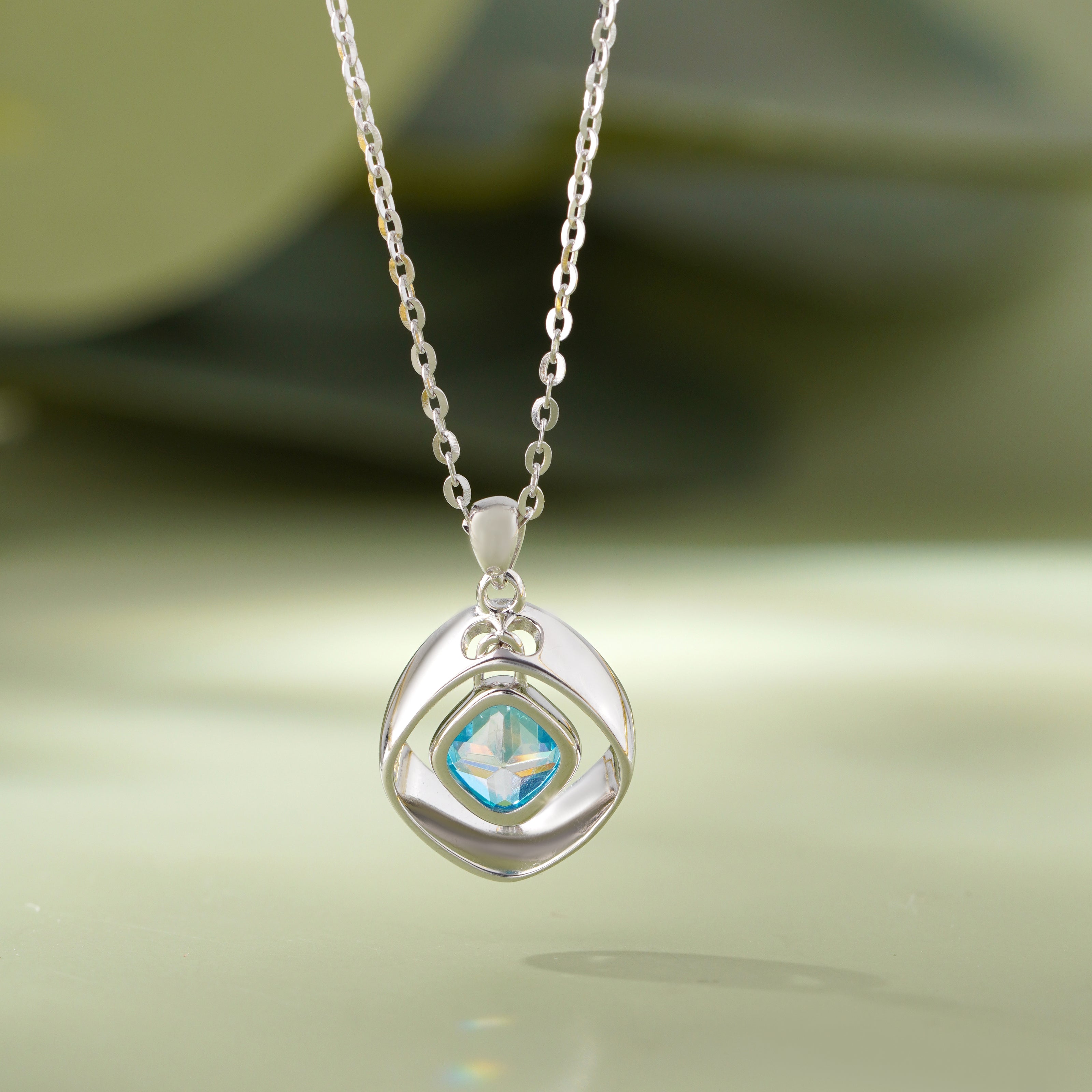 Azure Spark Diamond Square Design 925 Sterling Silver Pendant Chain for Women