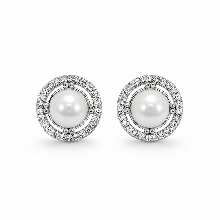 Classic Pearl Halo 925 Sterling Silver Stud Earrings for Women