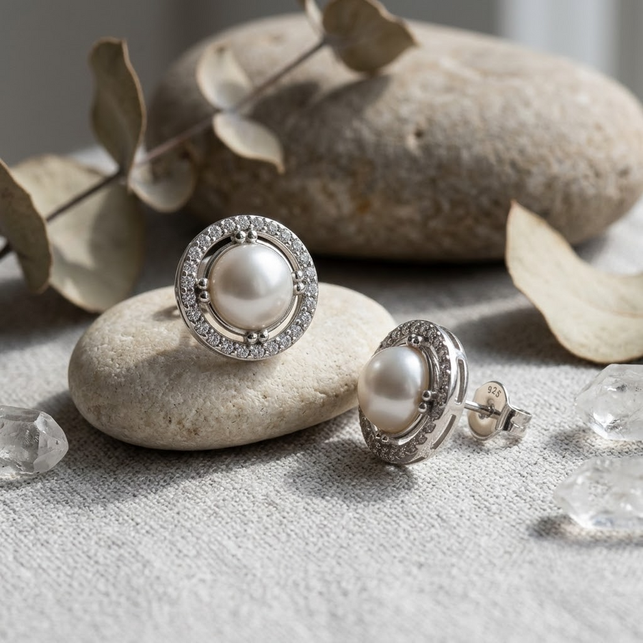 Classic Pearl Halo 925 Sterling Silver Stud Earrings for Women